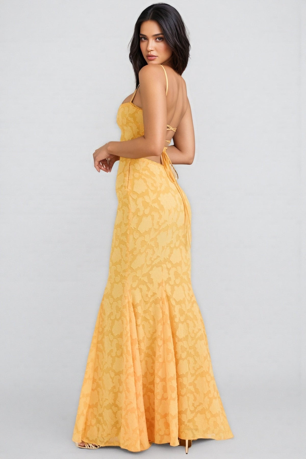 Xyvan Yellow Lace Up Back Maxi Dress - View 7