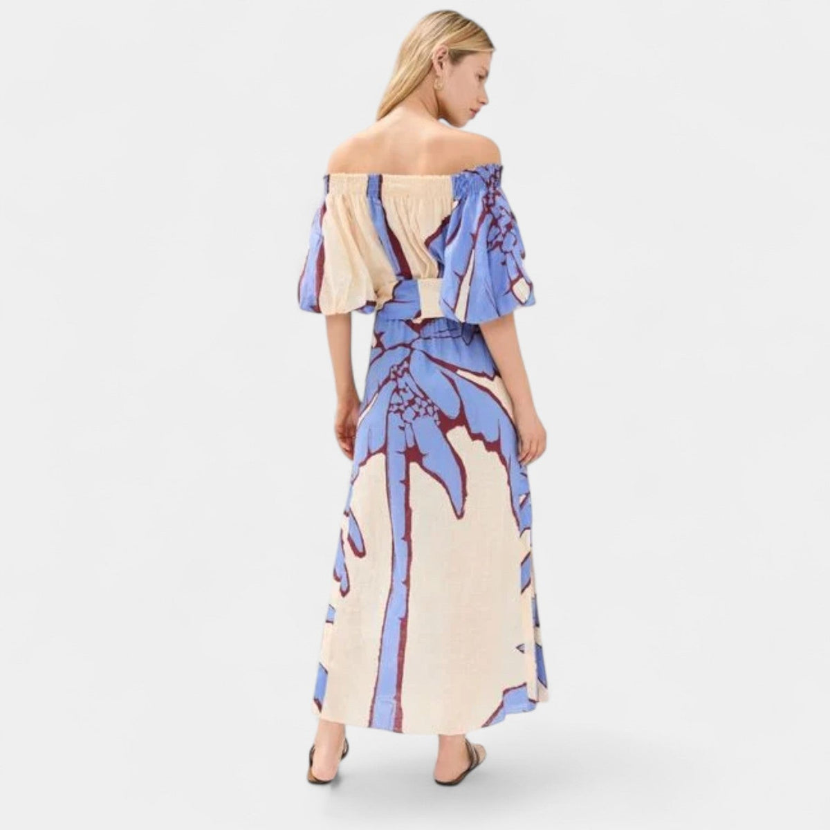 Leaf Print Off Shoulder Puff Sleeve Belted Maxi Dress 2