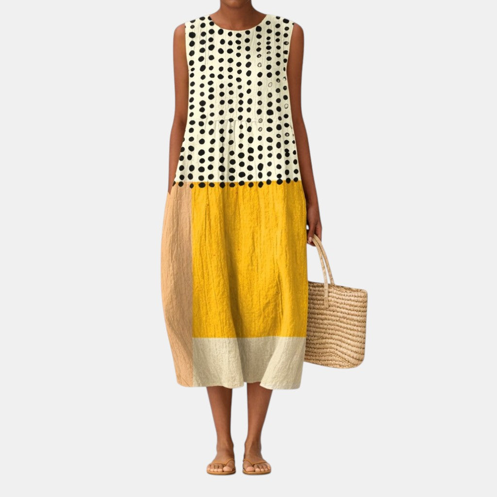 Polka Dot Colorblock Crew Neck Sleeveless Midi Dress 2