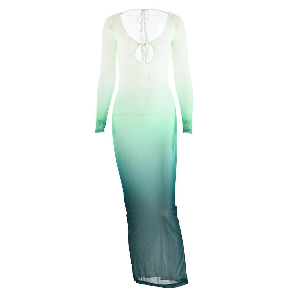Mesh gradient long sleeve self tie backless slit maxi dress - View 8