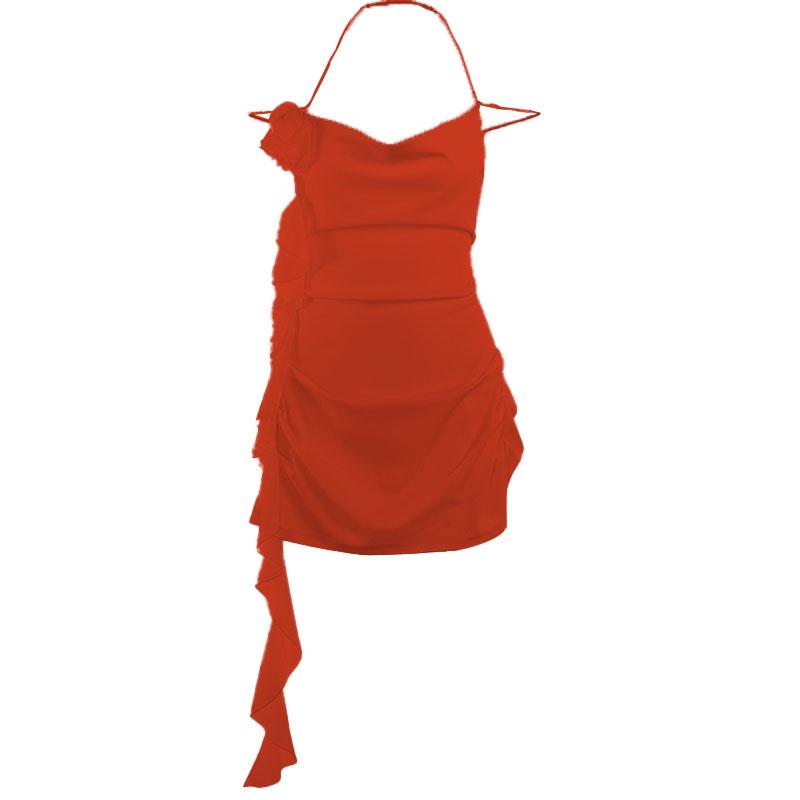 Cowl Neck Halter Flower Applique Ruffle Bodycon Mini Dress - View 8