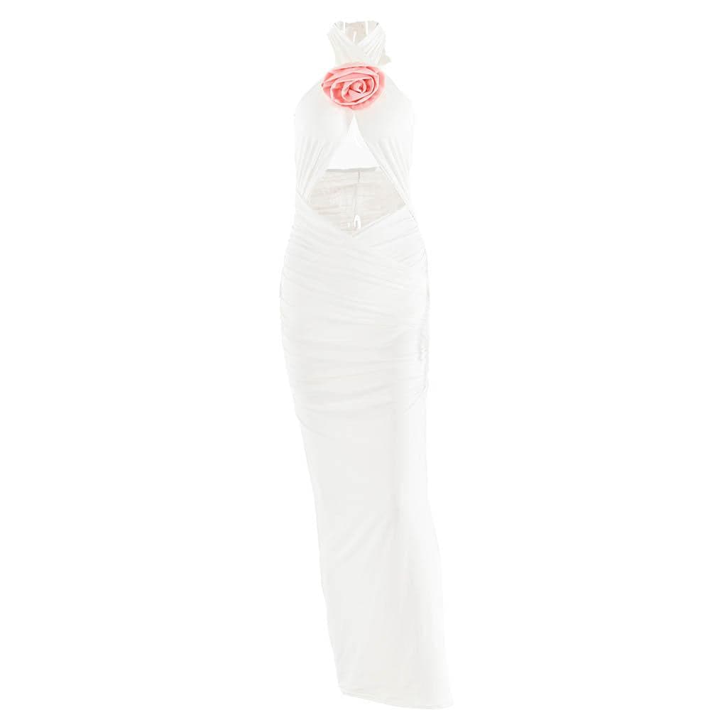 Halter Neck Flower Applique Cut Out Ruched Bodycon Maxi Dress - View 3