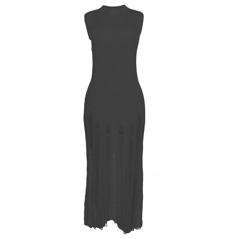 Ribbed Knit Mock Neck Sleeveless Distressed Shredded Maxi Dress - View 9