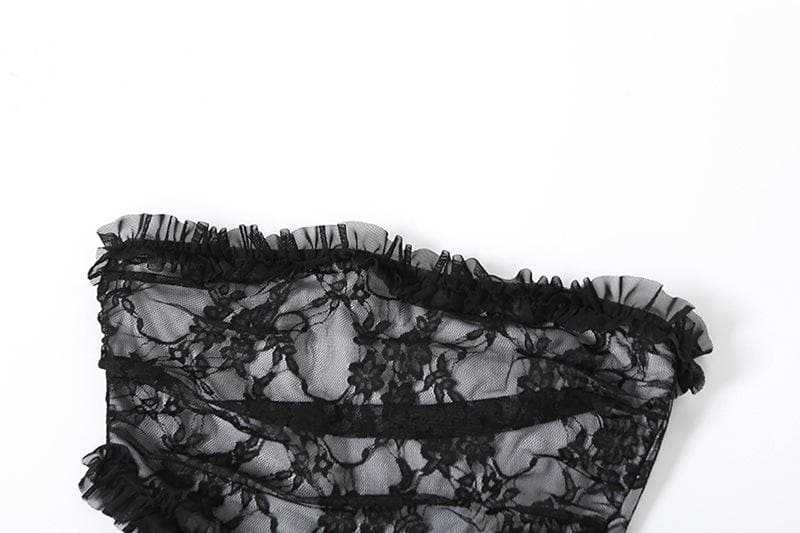 Lace ruffle solid slit hollow out backless tube midi dress - View 5
