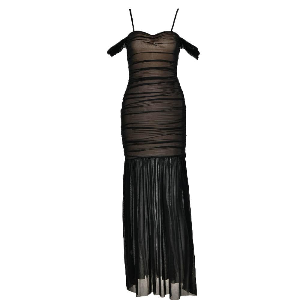 Mesh off shoulder ruched patchwork backless maxi dress - View 2