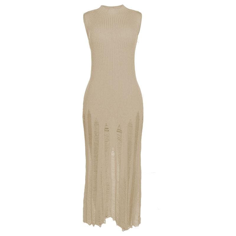 Ribbed Knit Mock Neck Sleeveless Distressed Shredded Maxi Dress - View 10