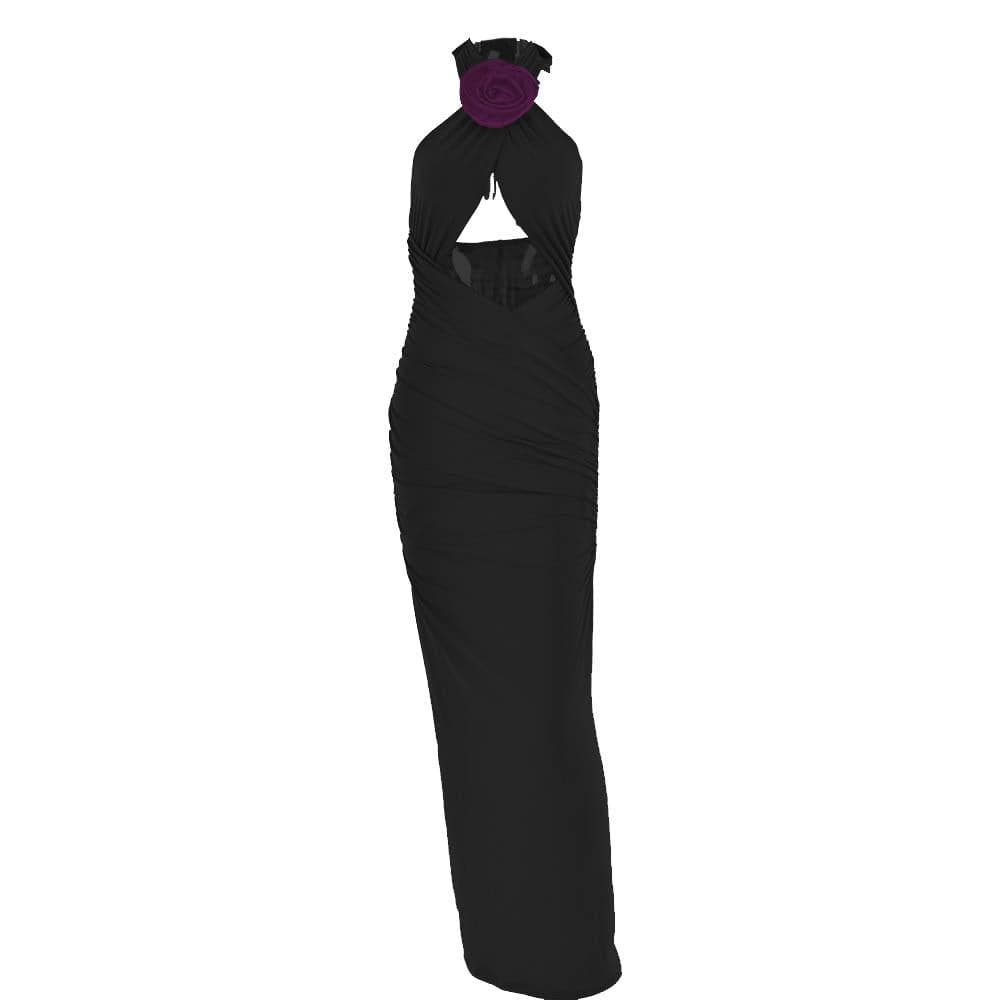 Halter Neck Flower Applique Cut Out Ruched Bodycon Maxi Dress - View 9