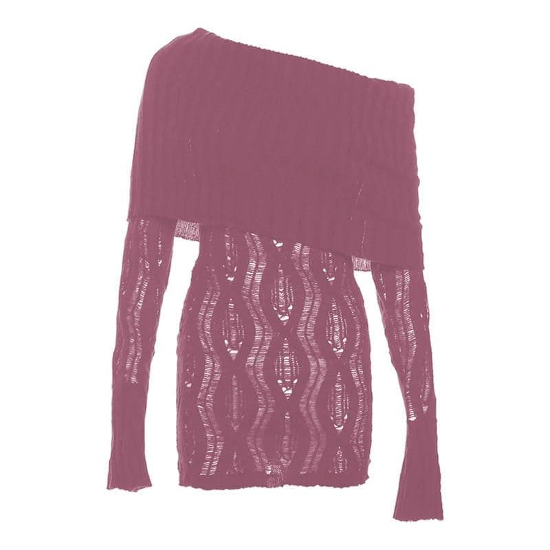 Crochet off shoulder long sleeve hollow out mini dress - View 8