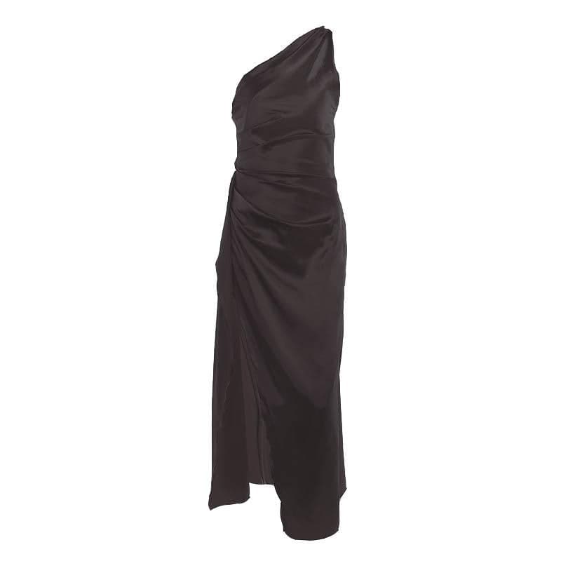 Slit solid satin one shoulder irregular ruched maxi dress - View 9