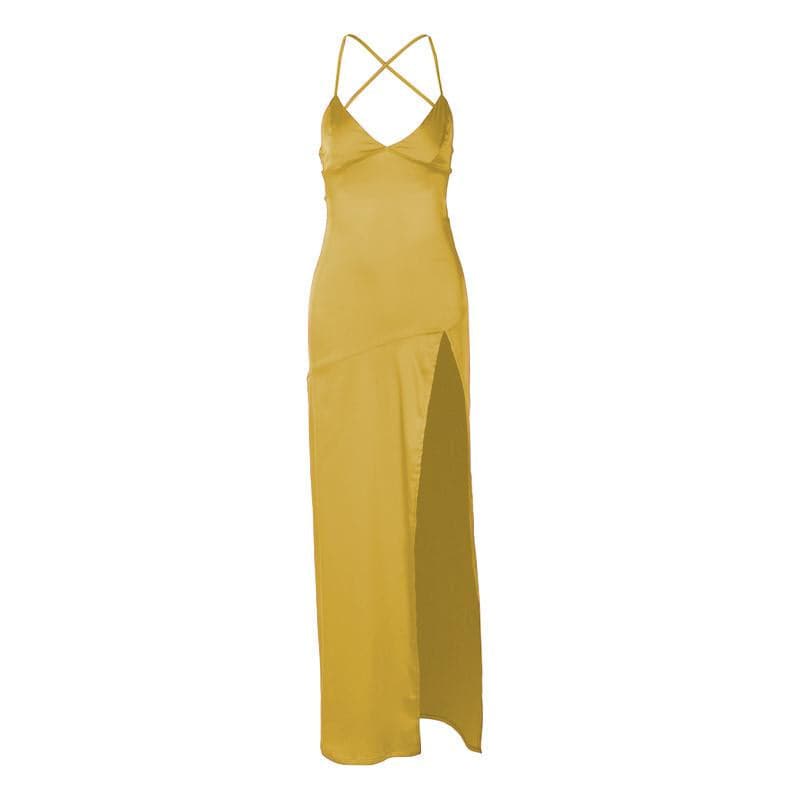 Slit cross back satin backless solid v neck maxi dress - View 9