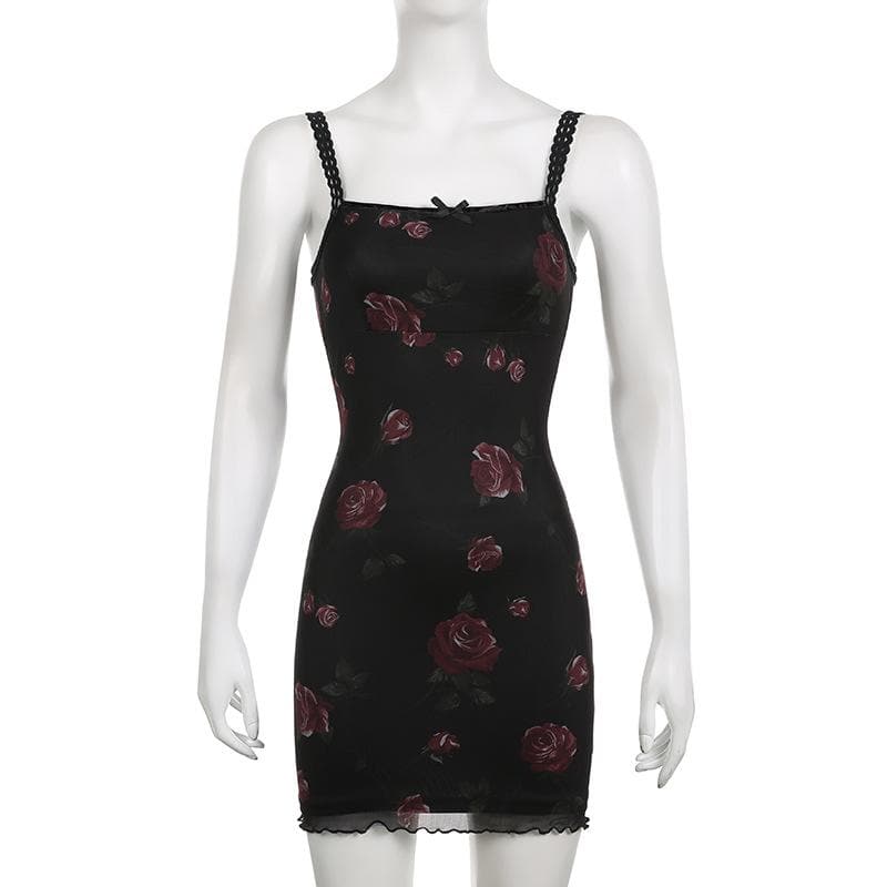 Floral Print Square Neck Spaghetti Strap Lace Trim Bodycon Mini Dress - View 8