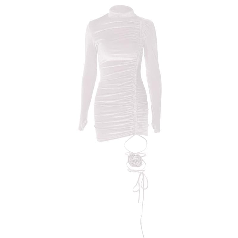 Velvet High Neck Long Sleeve Ruched Rosette Bodycon Mini Dress - View 9