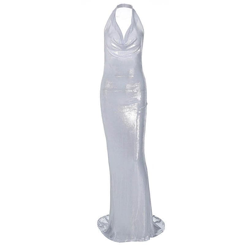 Metallic Cowl Neck Ruched Halter Backless Maxi Dress - View 10
