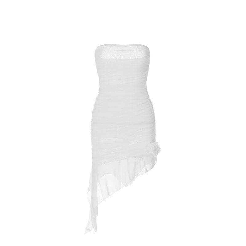 Mesh Strapless Ruched Floral Applique High Low Mini Dress - View 9