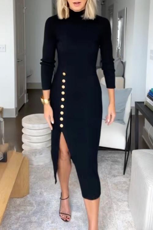 High Neck Long Sleeve Slit Bodycon Knit Midi Dress 4