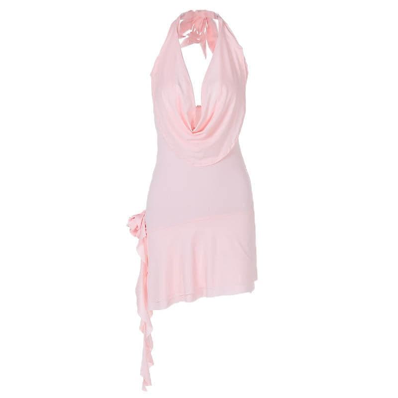 Halter Deep Cowl Neck Backless Ruffle Mini Dress - View 2
