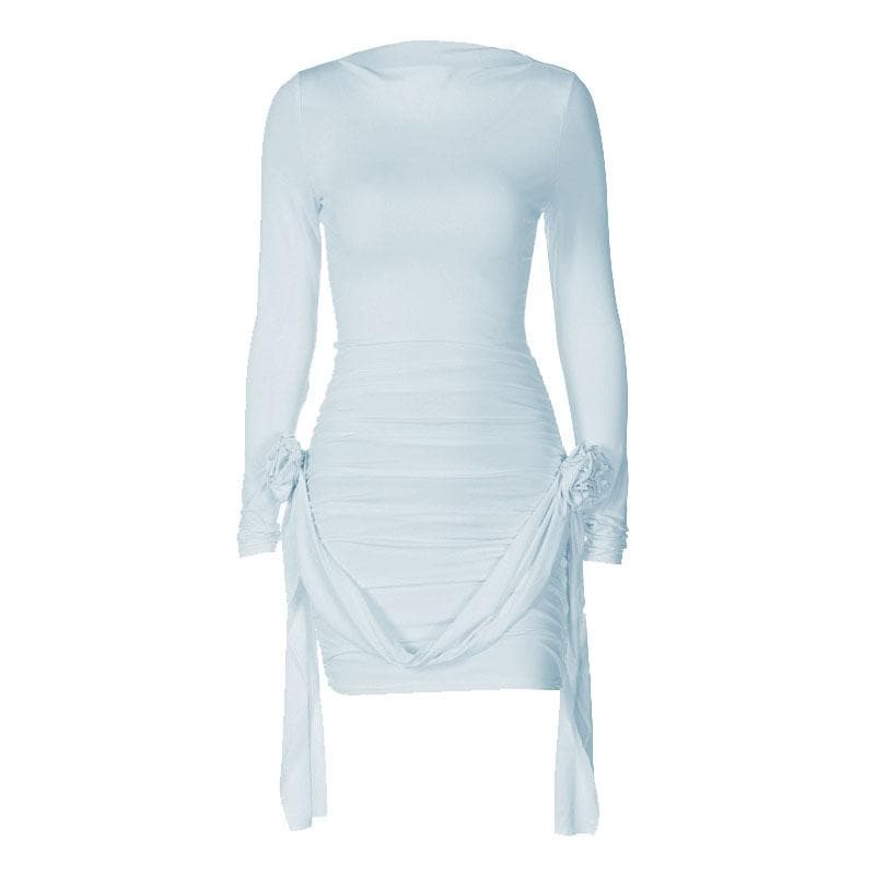 Boat Neck Long Sleeve Ruched Rosette Draped Bodycon Mini Dress - View 10