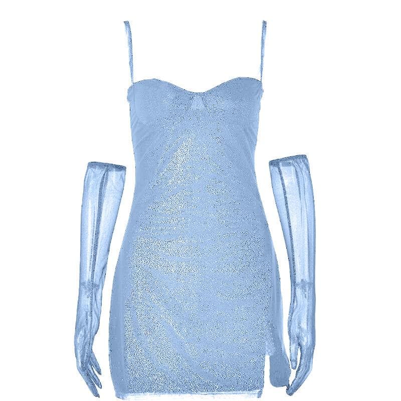 Textured mesh gloves sweetheart neck zip-up slit cami mini dress - View 10