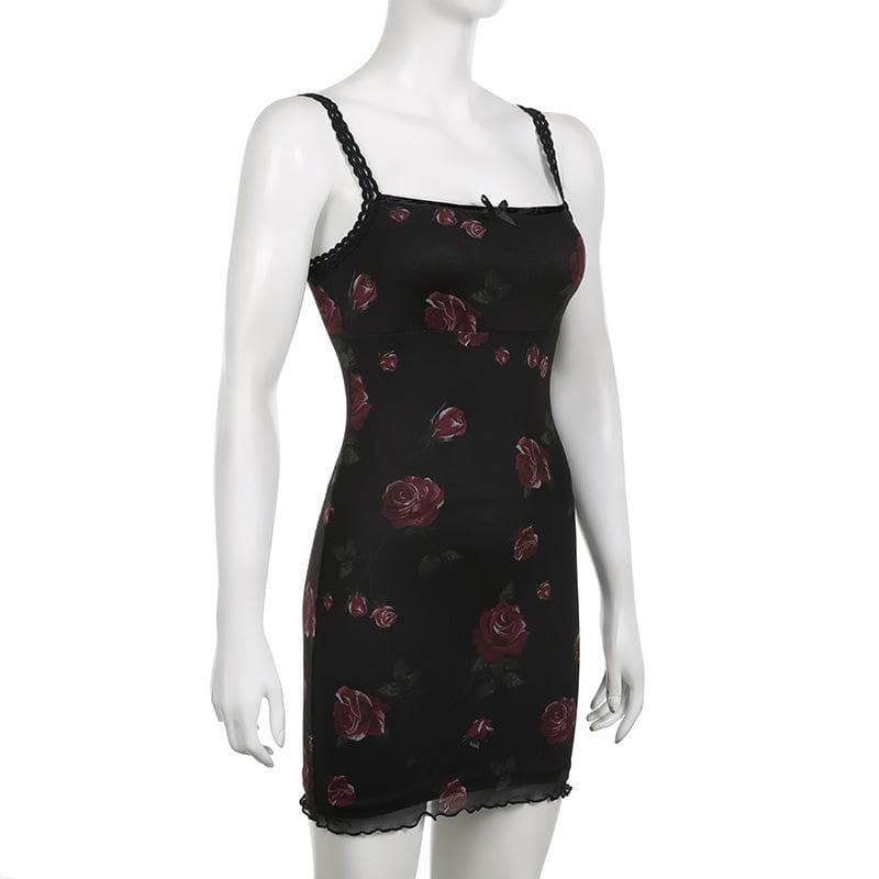 Floral Print Square Neck Spaghetti Strap Lace Trim Bodycon Mini Dress - View 3