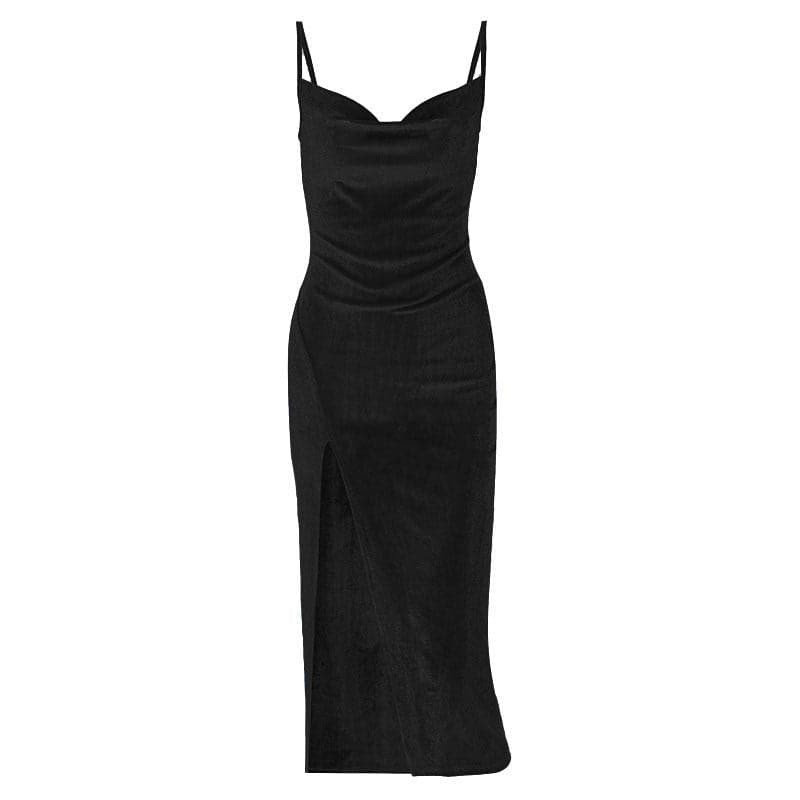 Sleeveless velvet slit cowl neck backless cami midi dress - View 9