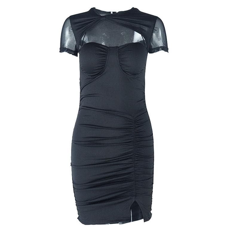Ruched mesh solid hollow out short sleeve mini dress - View 2