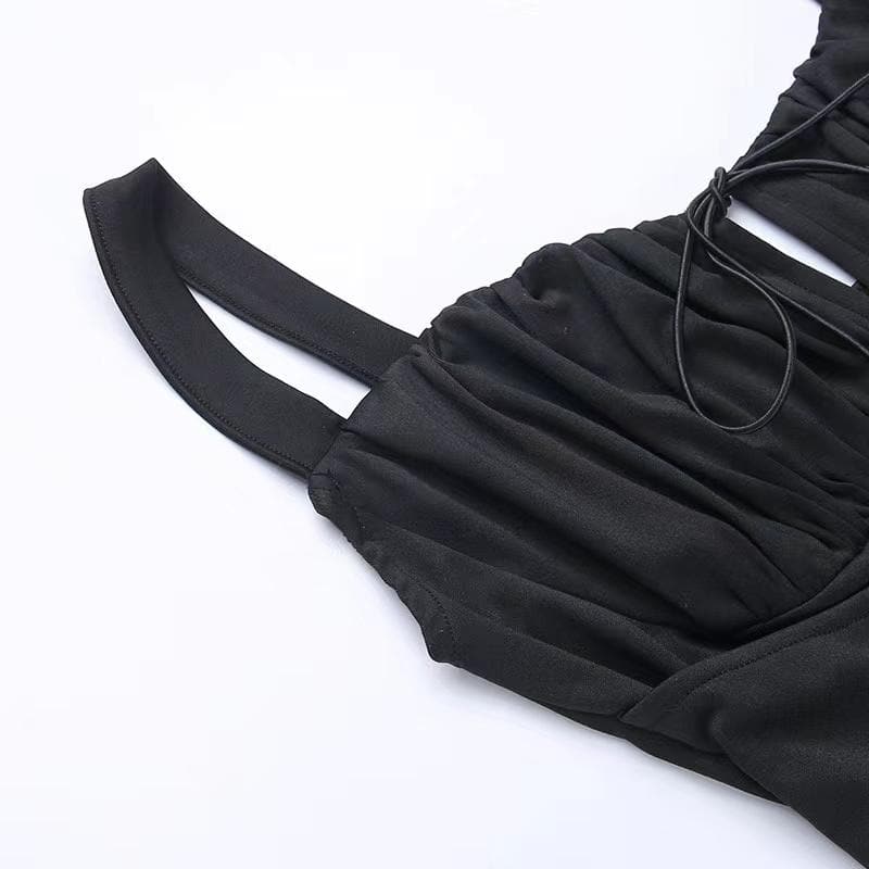 Ruched solid lace up self tie backless sleeveless midi dress - View 6