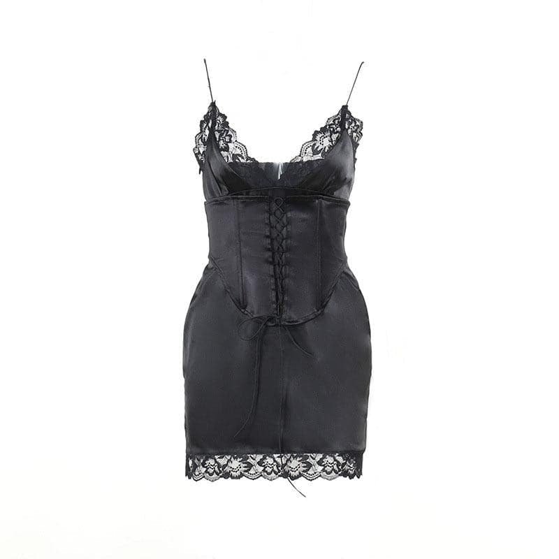 Satin V-Neck Lace Trim Lace Up Corset Mini Dress - View 2