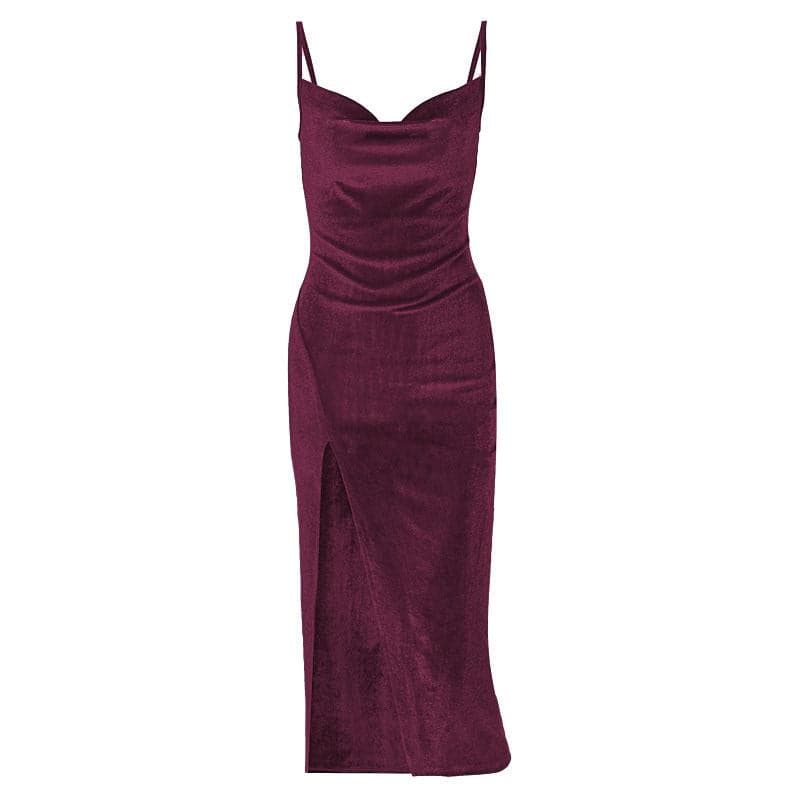 Sleeveless velvet slit cowl neck backless cami midi dress - View 10