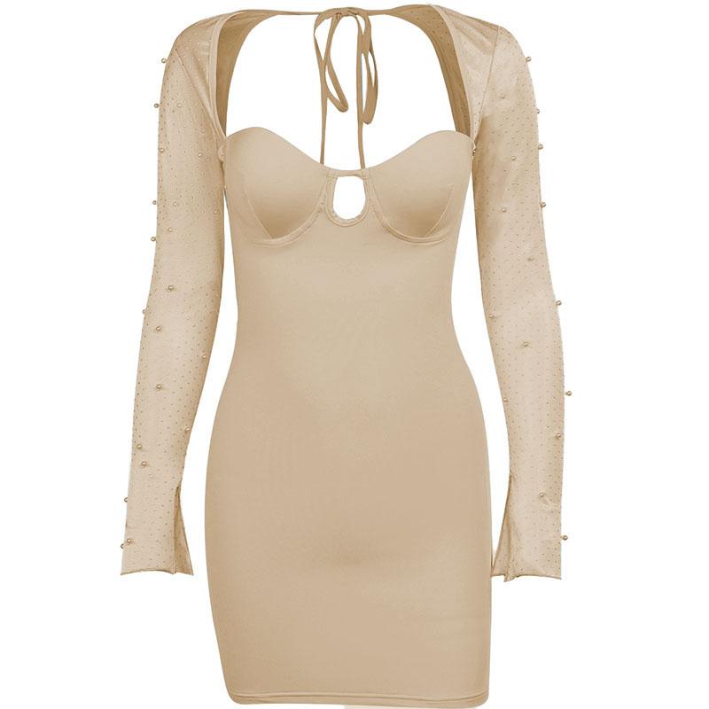 Long sleeve solid hollow out slit ruched beaded self mini dress - View 9