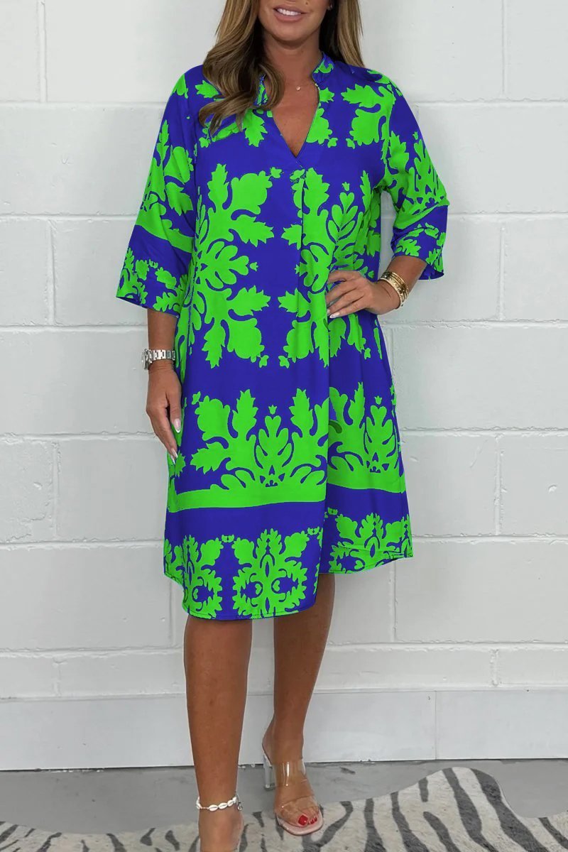 Notch Neck Half Sleeve Damask Print Shift Midi Dress 6