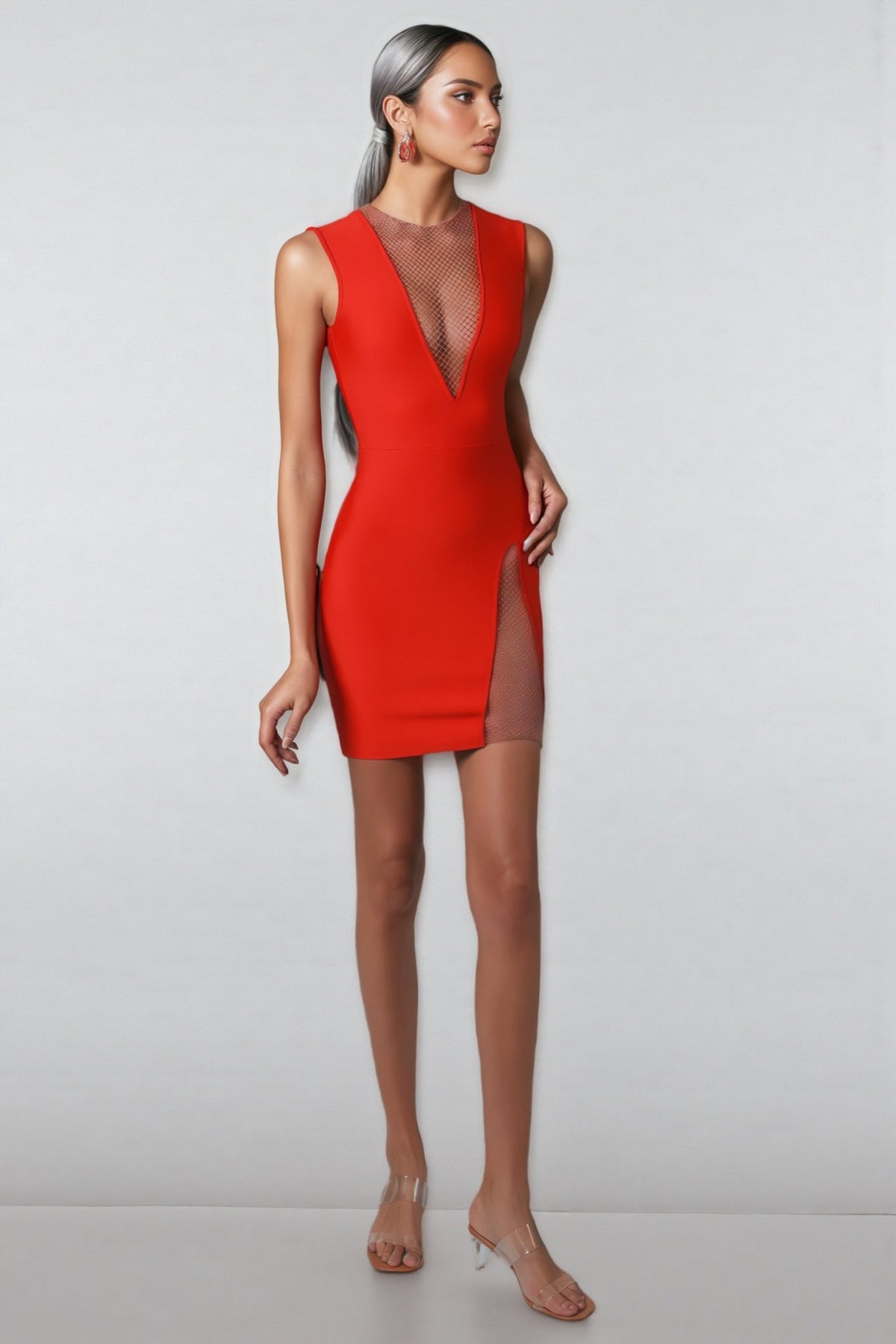 Mesh Insert High Neck Deep V-Neck Side Slit Bandage Bodycon Mini Dress - View 4
