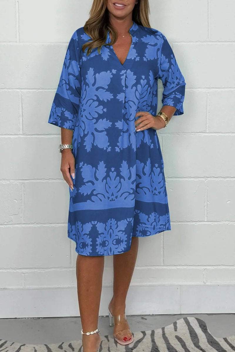 Notch Neck Half Sleeve Damask Print Shift Midi Dress 3