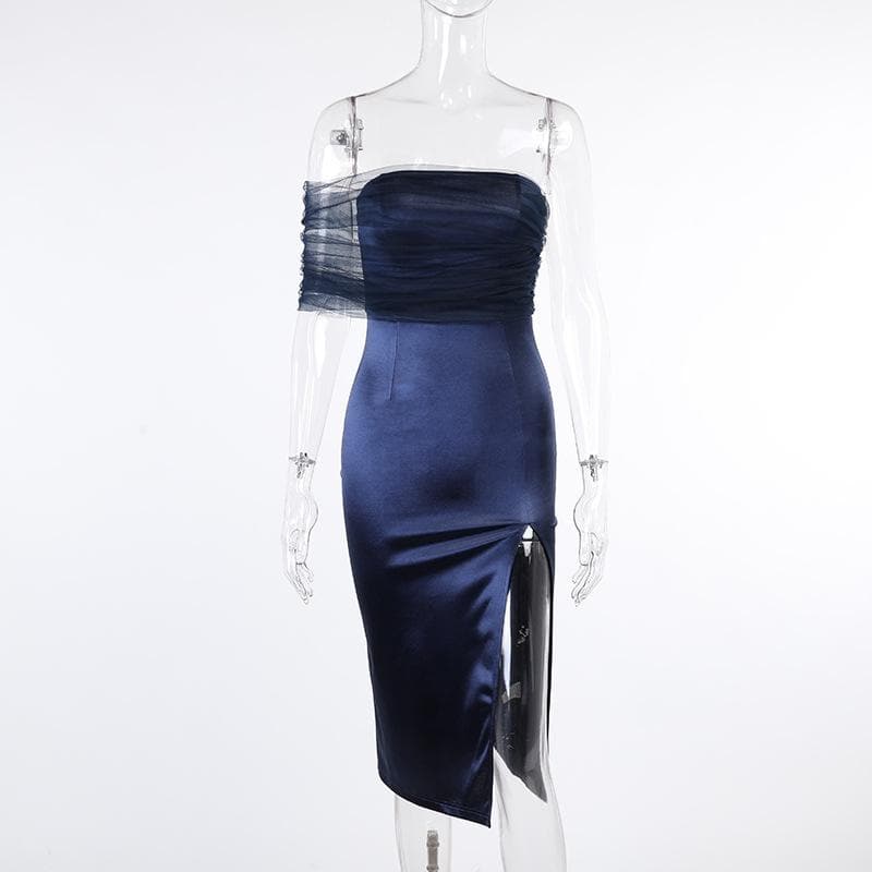 One shoulder irregular mesh ruched slit midi dress - View 2