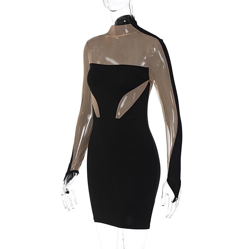 Mesh patchwork contrast gloves high neck mini dress - View 3