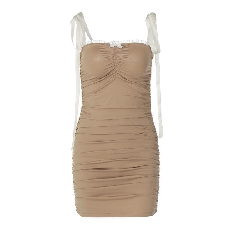 Ruched lace hem self tie square neck backless mini dress - View 3
