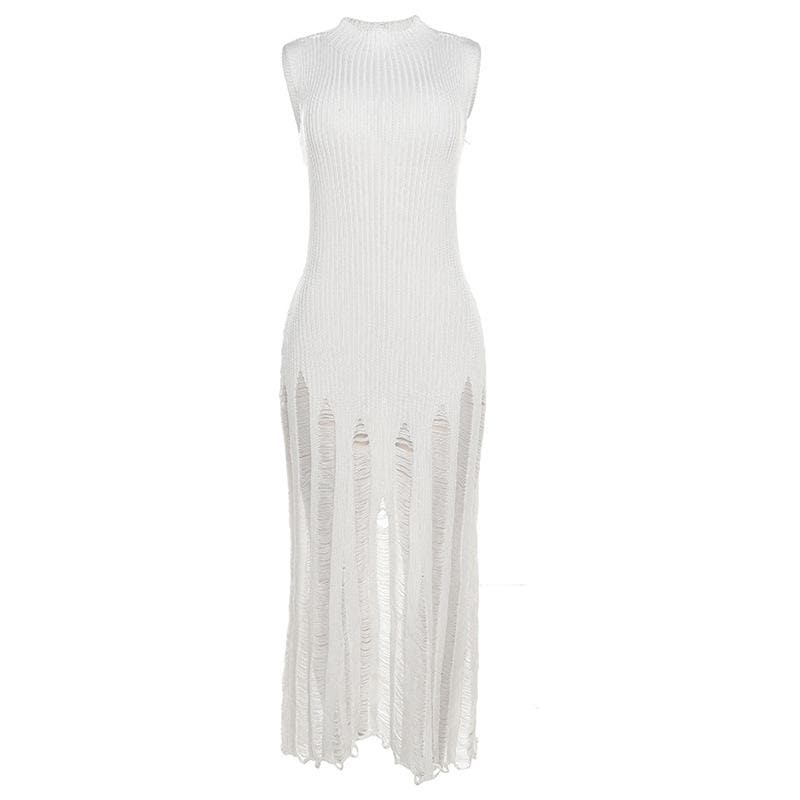 Ribbed Knit Mock Neck Sleeveless Distressed Shredded Maxi Dress - View 2