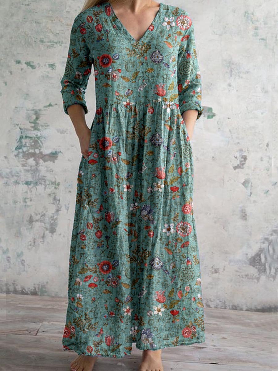 Botanical Floral Print V-Neck 3/4 Sleeve Pocket A-Line Maxi Dress
