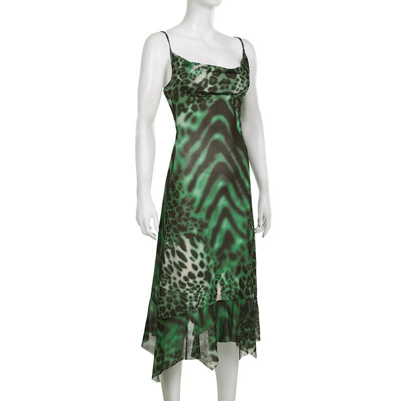 Leopard print cowl neck contrast ruffle backless mesh maxi dress - View 3