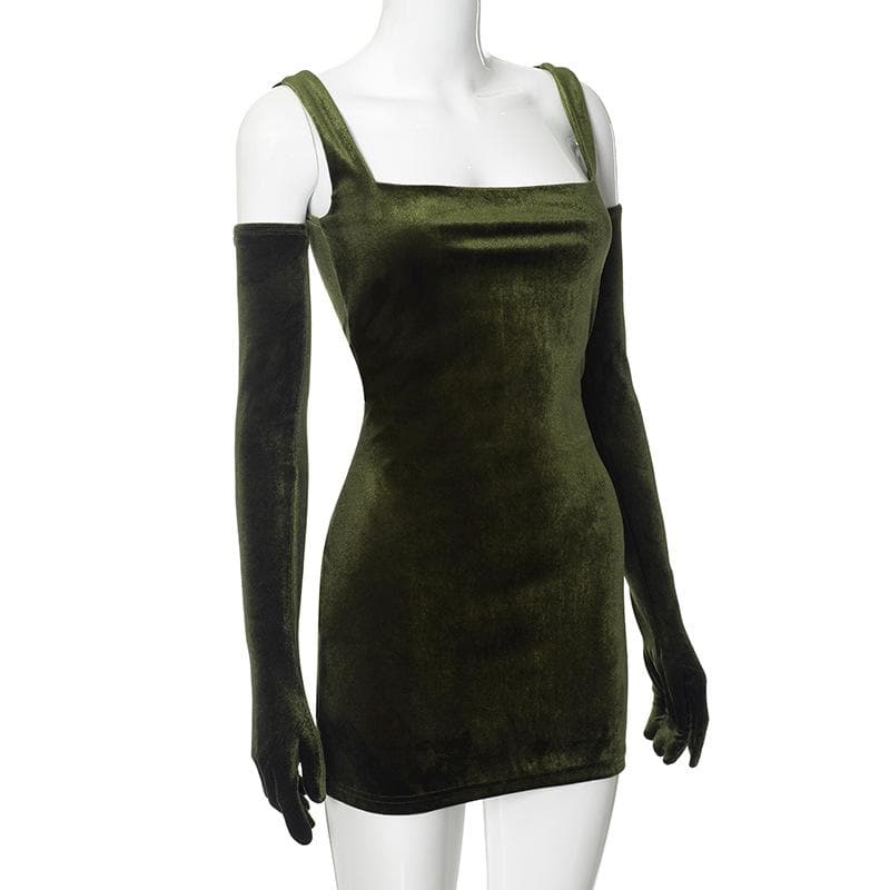 Velvet sleeveless gloves solid square neck mini dress - View 3