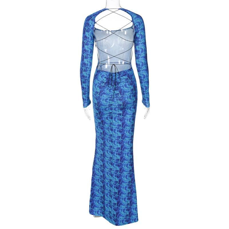 Lace up backless long sleeve slit ruched contrast print maxi dress - View 4