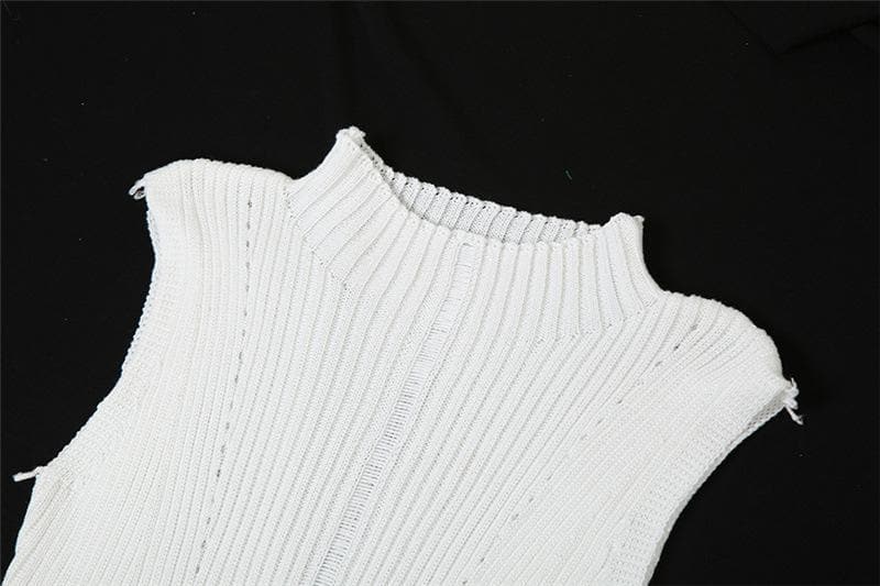 Ribbed Knit Mock Neck Sleeveless Distressed Shredded Maxi Dress - View 6