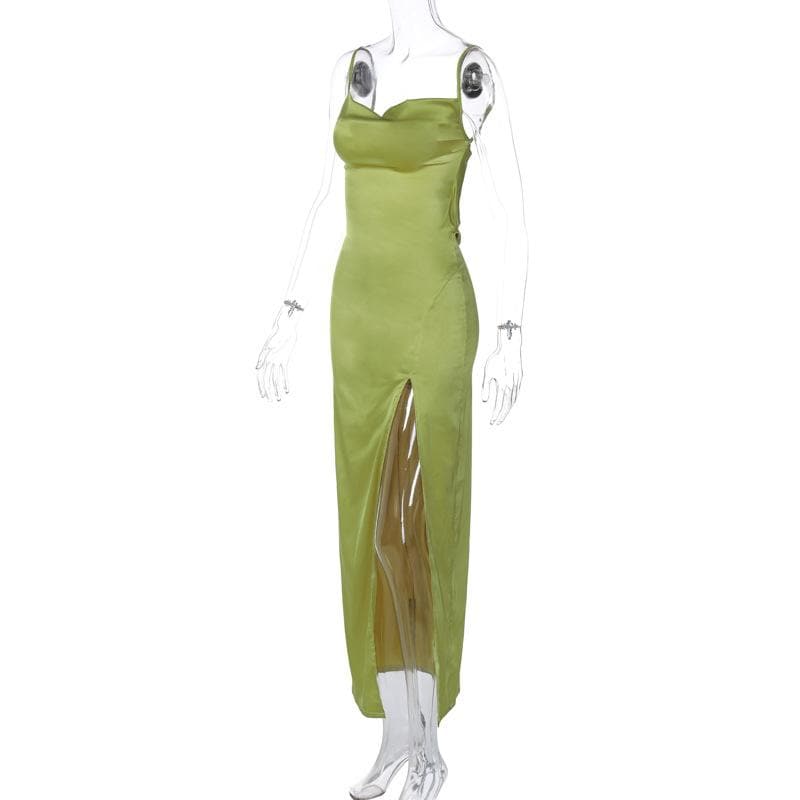 Cowl neck solid backless slit satin cami maxi dress - View 4