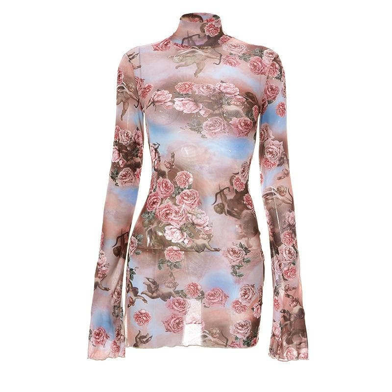 Floral Mesh High Neck Long Sleeve Sheer Bodycon Mini Dress - View 9