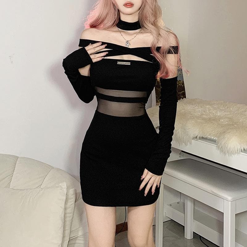 Solid mesh off shoulder cross front gloves metal tag mini dress - View 2