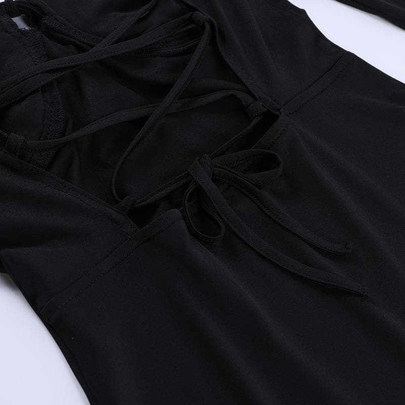 Lace up solid cross back off shoulder long sleeve mini dress - View 6