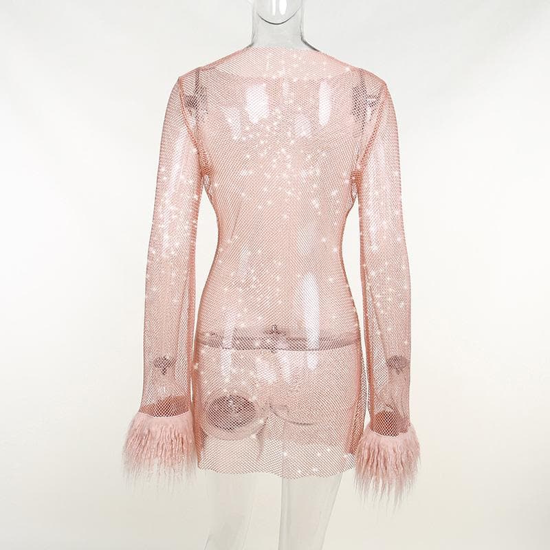 Long sleeve solid see through sheer mesh fluffy round neck mini dress - View 5