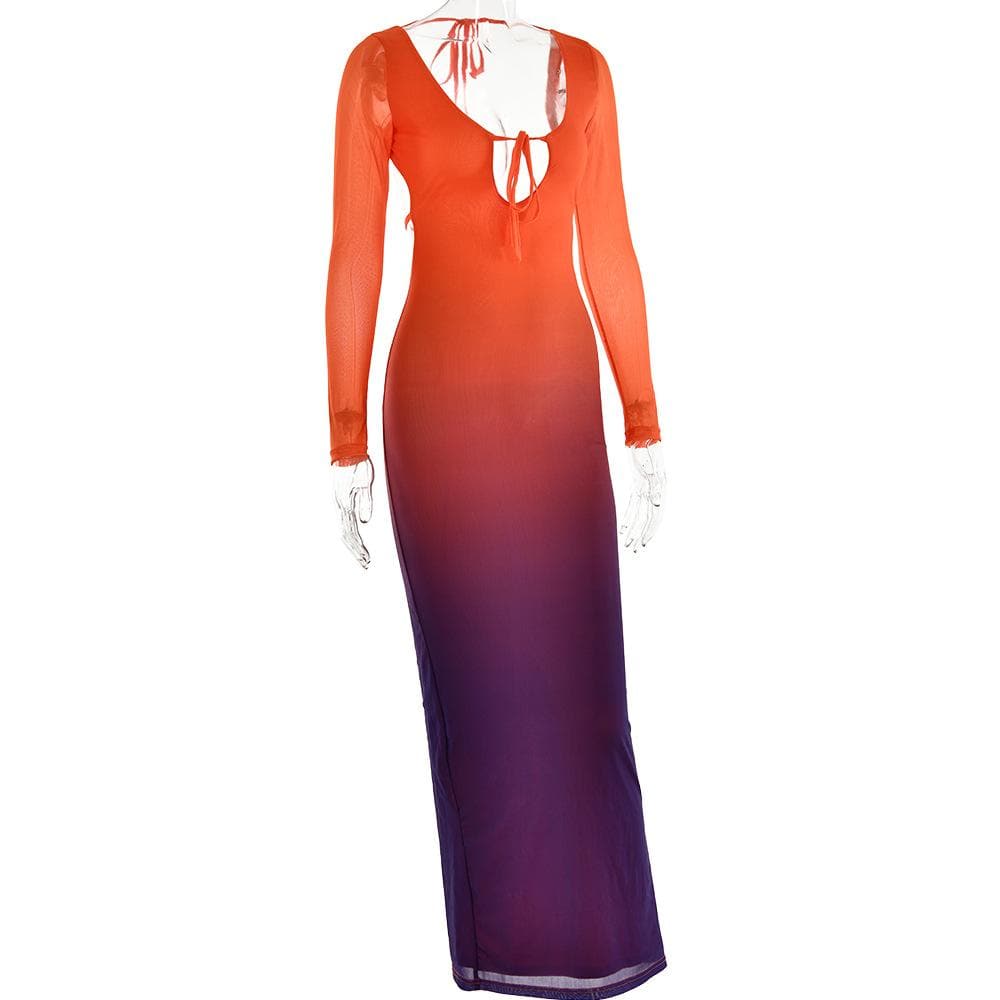 Mesh gradient long sleeve self tie backless slit maxi dress - View 4