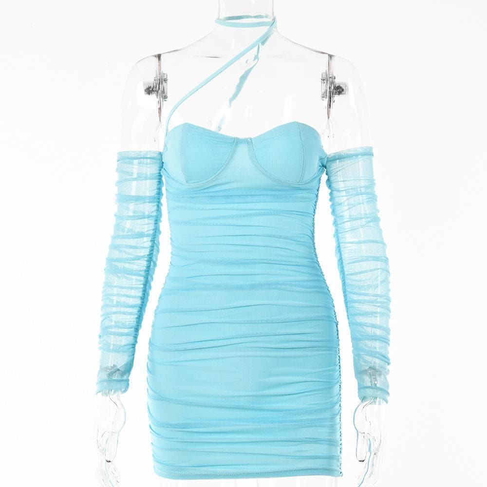 Mesh Halter Neck Off Shoulder Long Sleeve Ruched Bodycon Mini Dress - View 2