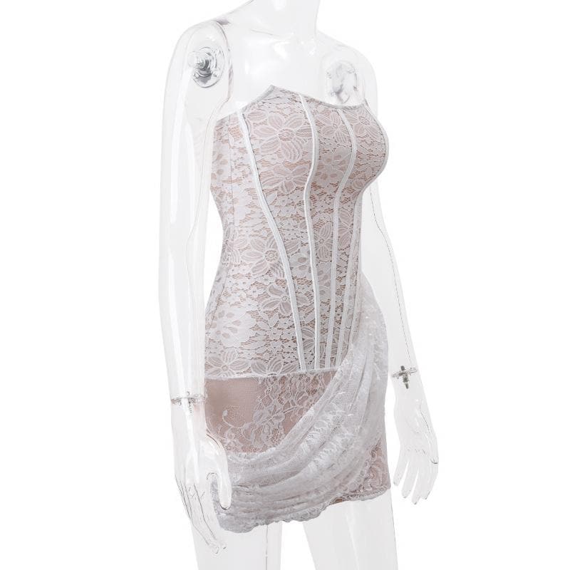 Irregular ruched backless lace up bustier tube mini dress - View 6