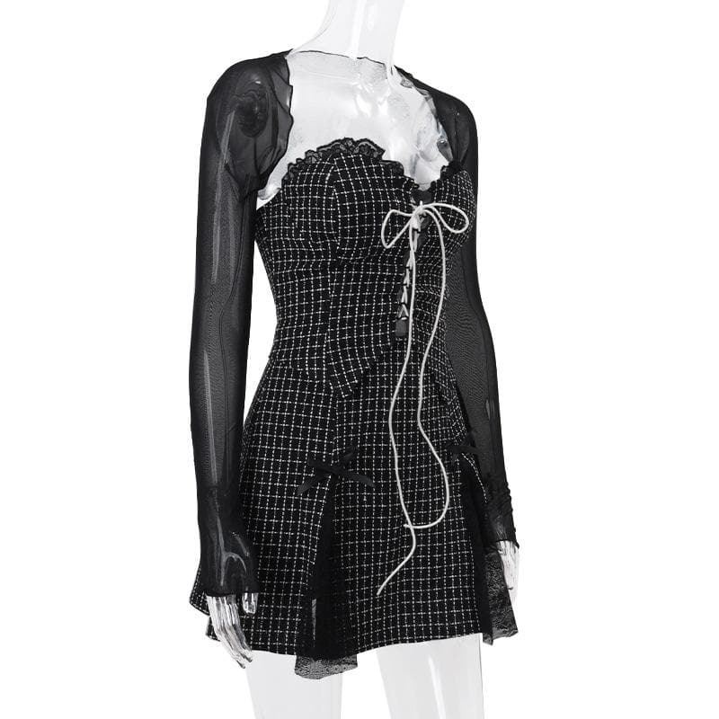 Long sleeve mesh plaid bowknot lace up shrug 2 piece mini dress - View 7